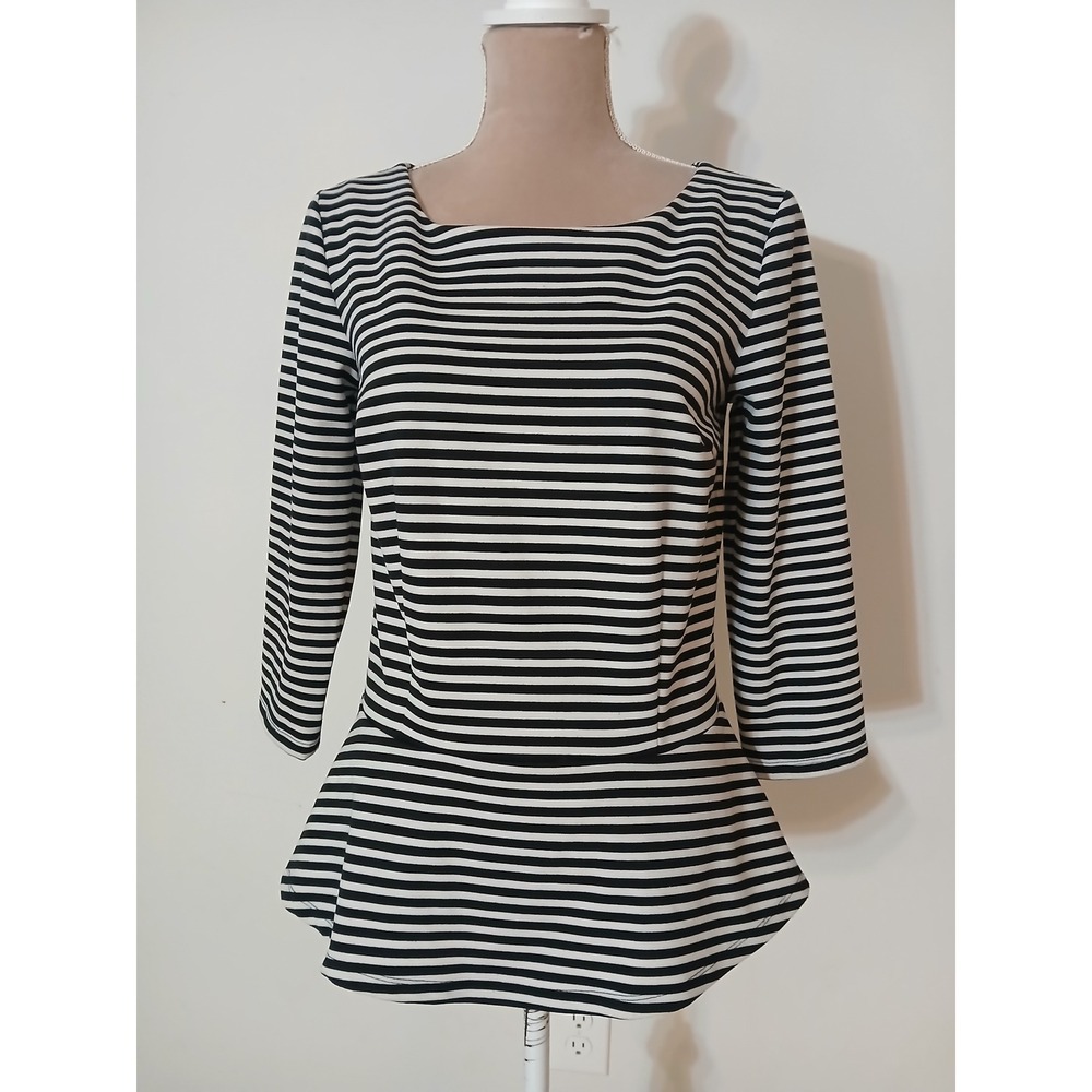 Ann Taylor Striped Peplum Top Black White 3/4 Sleeve Boat Neck Size M